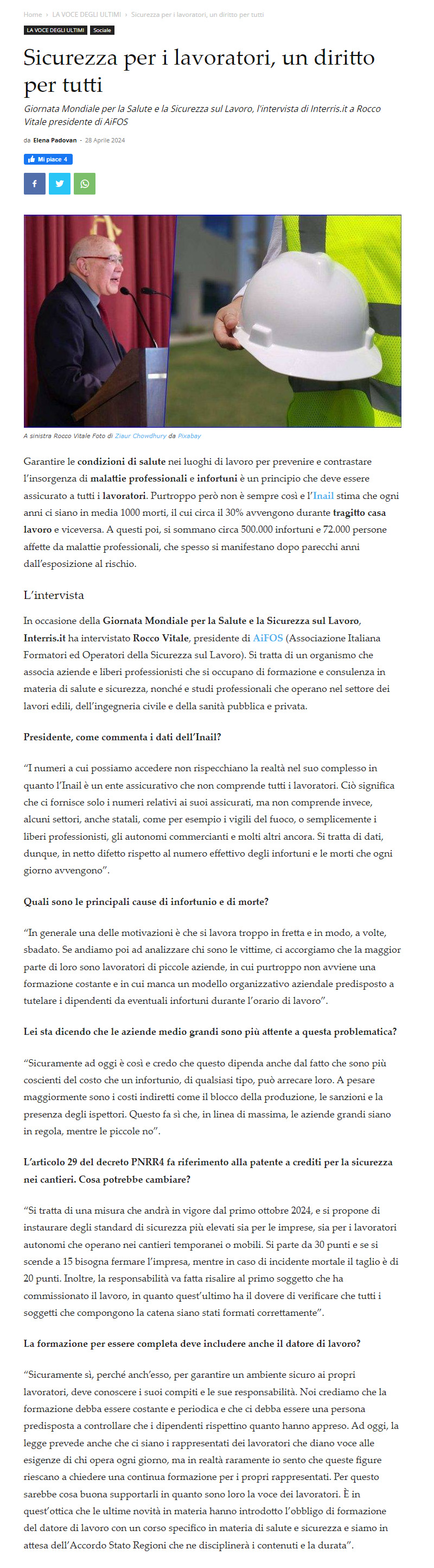 Sicurezza per i lavoratori, un diritto per tutti